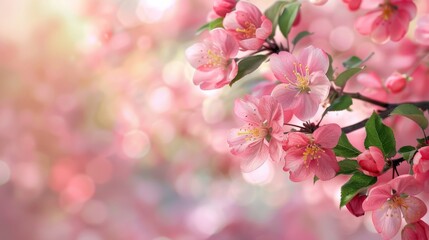 Obraz premium Cherry blossoms are in full bloom. Wallpaper.Horizontal banner with pink sakura flowers on a pink background