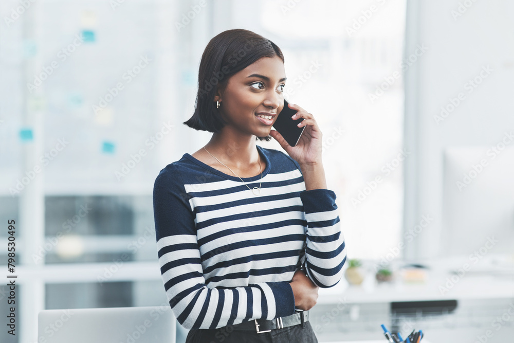 Poster Business student, phone call and office talk with web design learning and conversation. Networking, young woman and startup with digital designer work and communication with technology at internship