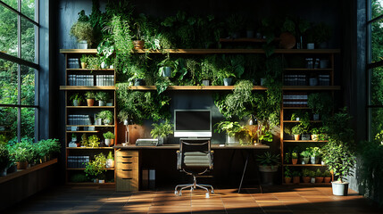 Fototapeta premium green ecology office interior concept. Wall Art Design for Home Decor, 4K Wallpaper and Background for desktop, laptop, Computer, Tablet, Mobile Cell Phone, Smartphone, Cellphone