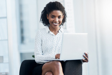 Black woman, portrait and laptop with smile in office for reading emails, project management and...