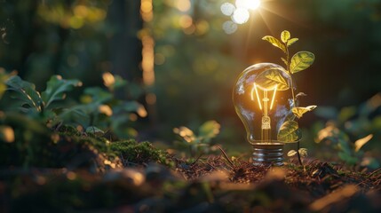 Light bulb with plant in nature - renewable energy source, sustainable development and responsible environmental ecology concept hyper realistic  - obrazy, fototapety, plakaty