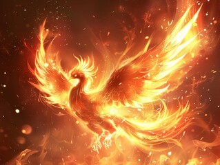 Majestic flaming phoenix firebird in sparkling flames against dark fiery background  - obrazy, fototapety, plakaty