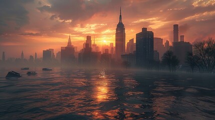 Obraz premium Submerged New York City Skyscrapers Underwater - Dramatic Atmosphere Sea Level Rise