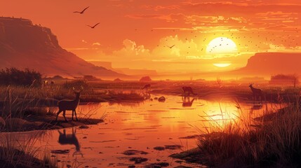 Wildlife Scene Impacted by Heatwave: Animals Gather Around Shrinking Water Hole