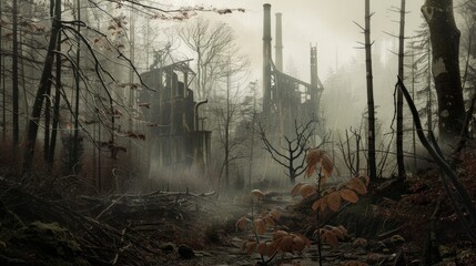 Obraz premium Acid Rain Impact on Dense Forest Area: Urgency of Global Warming Highlighted by Corrosive Atmosphere - Environmental Crisis Concept for