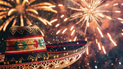 A Mexican sombrero adorned with bursts of fireworks against the night sky