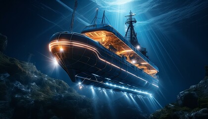 Caption: The Deep Explorer research vessel descending into the darkness of the Mariana Trench, illuminated by bioluminescent creatures.