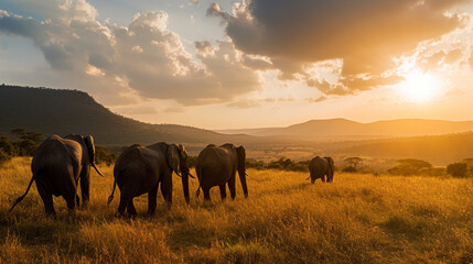 Golden Guardians: African Elephants Roaming the Savanna at Sunset