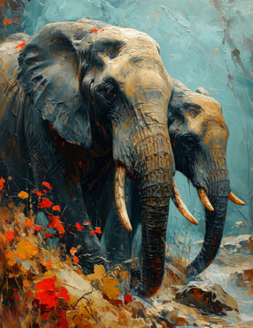 African Elephants in Autumnal Setting

