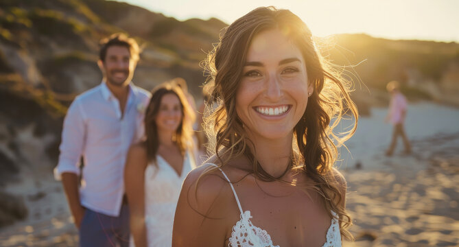A closeup shot of the bride smiling with her friends at their beach wedding, capturing the joy and excitement on their faces as they pose for photos in front of an ocean backdrop.