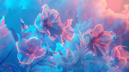 Neon flowers blooming against a backdrop of vivid blue and pink hues, radiating with electric energy