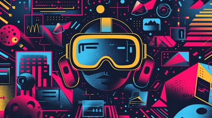 An illustrated person immersed in VR with vivid abstract background.