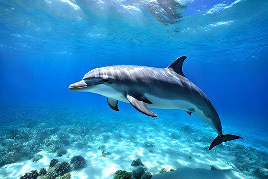 A dolphin is swimming underwater in a deep ocean