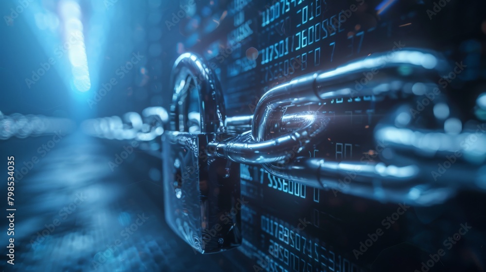 Aufkleber a conceptual image of a steel padlock with a chain morphing into a digital security wall, protecting