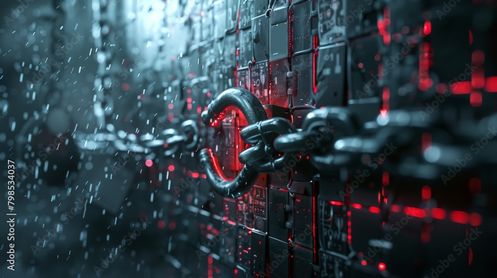 Aufkleber a conceptual image of a steel padlock with a chain morphing into a digital security wall, protecting