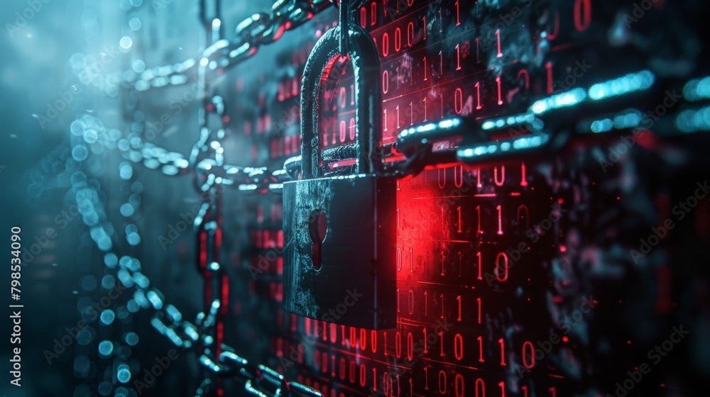 Aufkleber a conceptual image of a steel padlock with a chain morphing into a digital security wall, protecting