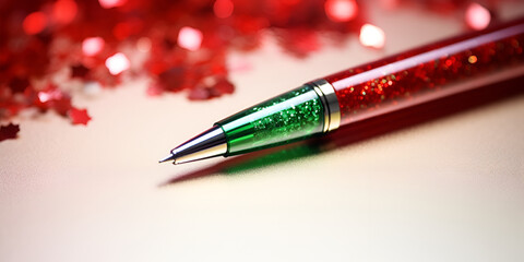 a beautiful red and green crystal capacitive pen on the table looking so nice with its red bokeh background - obrazy, fototapety, plakaty