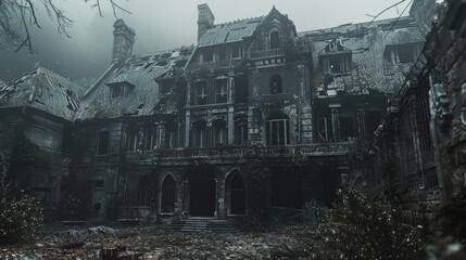 A crumbling mansion shrouded in mist, with dark, empty windows like hollow eyes.  