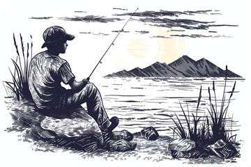 A man is sitting on a rock by a lake, fishing