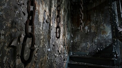 A dark and abandoned asylum with peeling wallpaper, rusty shackles hanging from the walls  