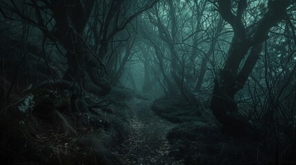 A dark, twisted forest path with gnarled trees forming grotesque shapes and disembodied whispers echoing in the air.  