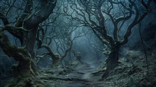 A dark, twisted forest path with gnarled trees forming grotesque shapes and disembodied whispers echoing in the air.  