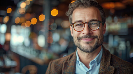 Obraz premium Satisfied male businessman in modern semi-formal wear and glasses smiling happily on blurred cafe indoor background
