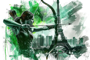 Green watercolor painting of an archery woman by eiffel tower olympic