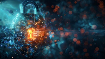 A digital art piece depicting a steel padlock with a digital key shaped like a shield, protecting a glowing orb of data.  