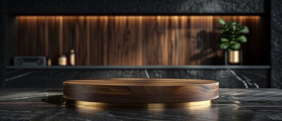 Fototapeta premium The photo shows a dark marble room with a wooden podium in the center. The podium is lit by a spotlight.