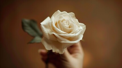 The image shows a hand holding a white rose.