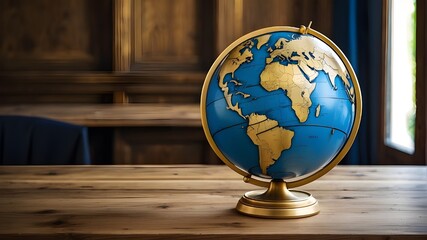Globe in Blue and Gold on Wooden Table