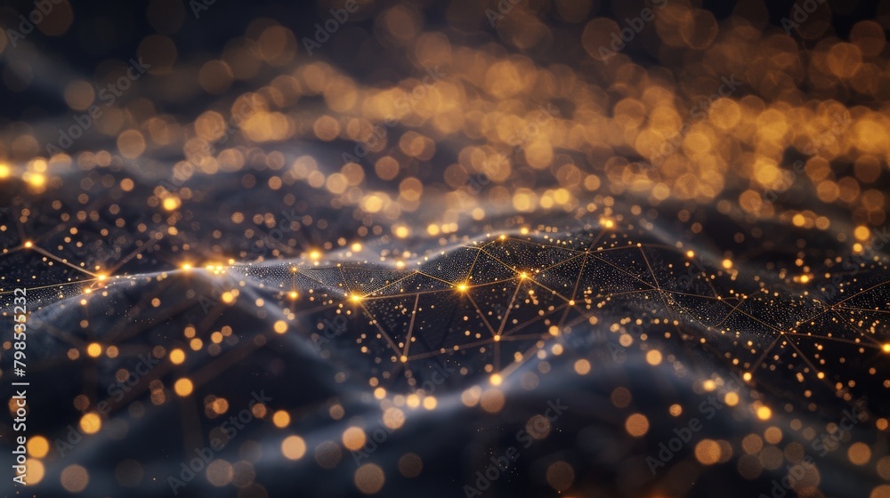 Poster a dynamic data visualization of a blockchain network, with glowing nodes and connections resembling 