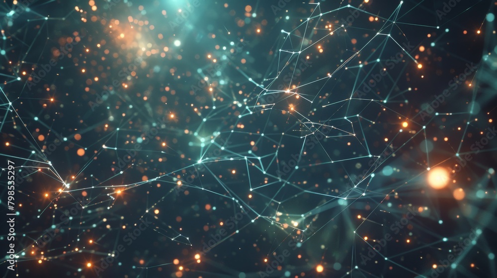 Poster a dynamic data visualization of a blockchain network, with glowing nodes and connections resembling 