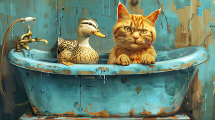 Cat and duck in a red bathtub. Illustration of weird animal.