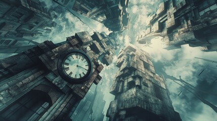 A dreamscape where time is fractured, represented by a series of mismatched blocks forming a distorted clock tower.   - obrazy, fototapety, plakaty
