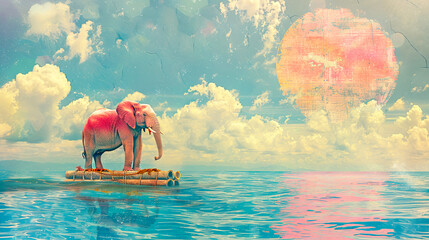 Elephant sail on a raft across an ocean. Surreal artwork.