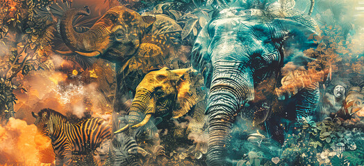 Wildlife concept. Exotic collage banner. Illustration of jungle plants and elephants