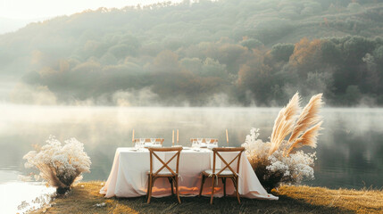 Wedding settings outside next to lake. Peach fuzz color, modern decor. Holiday concept.