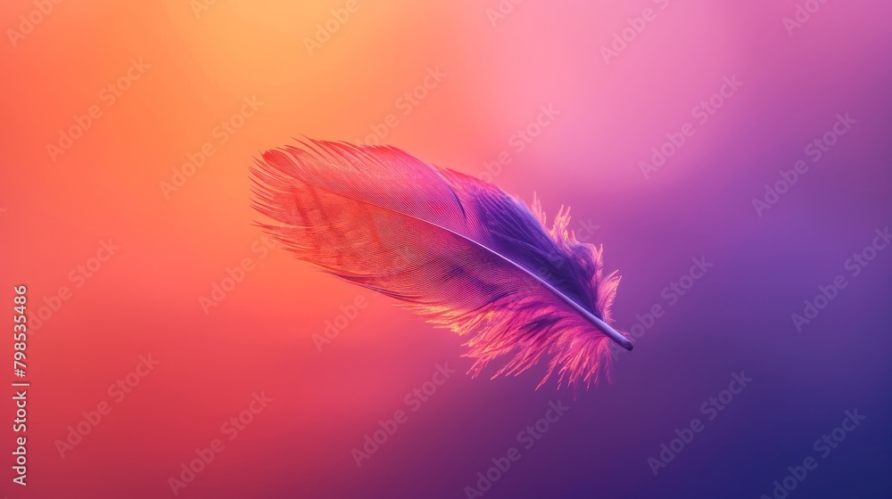 Poster a gradient from fiery orange to deep purple with a single, metallic feather floating in the center.