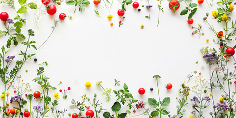 Layout of a small garden made from plants, berries and vegetables . Nature banner with copy space.