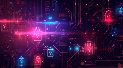 Fototapeta premium Digital locks and circuits in neon blue and pink hues representing digital security.