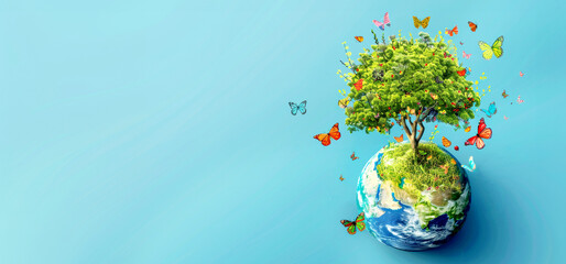 Illustration of  tree on globe on blue background. national Arbor Day banner.