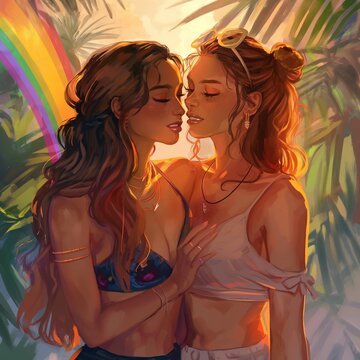 Un par de chicas que lucen ropa veraniega, estando a punto de besarse