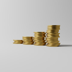 Stacking coins with a graph of profit on white background studio shot 3d rendering	
