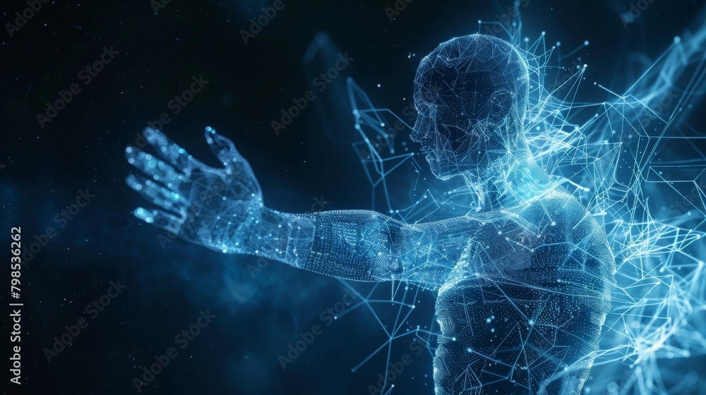 Poster a human figure composed of wireframe lines, interacting with a holographic interface displayed in a 