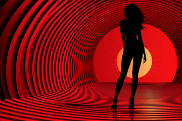 A woman is dancing in a red tunnel