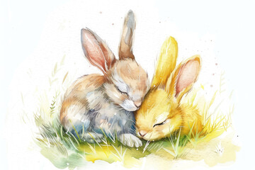 water color of baby rabbits in a nature, illustration painting.