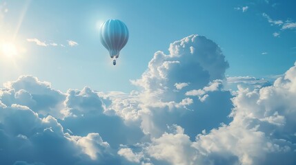 A light bulb shaped like a hot air balloon, floating amongst fluffy clouds that resemble thought bubbles. 