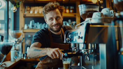 portrait of a barista at work, idea for a poster or banner for an article about an inclusive local cafe